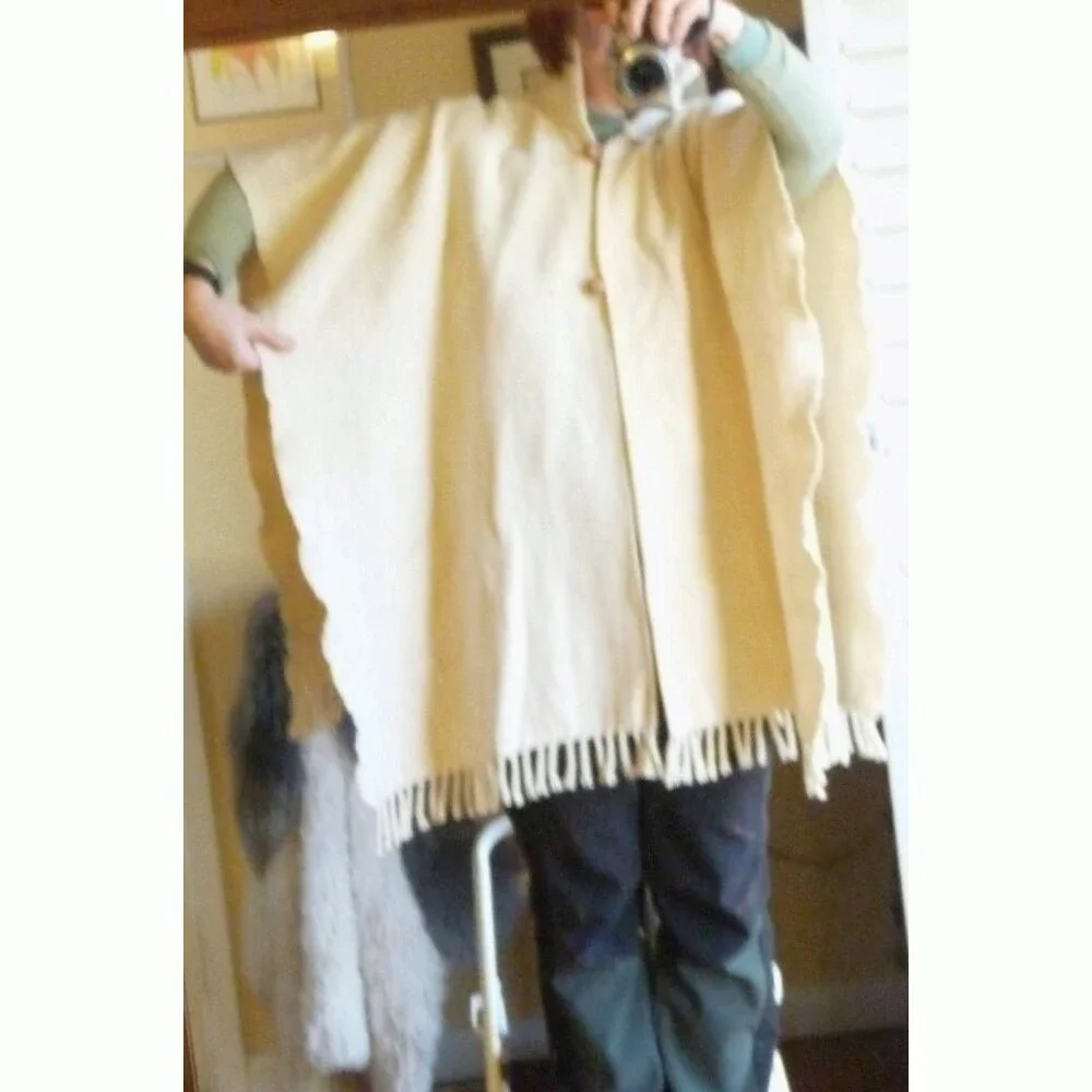 Vintage 60s herringbone wool tweed knit collar poncho cape button front OSFA
